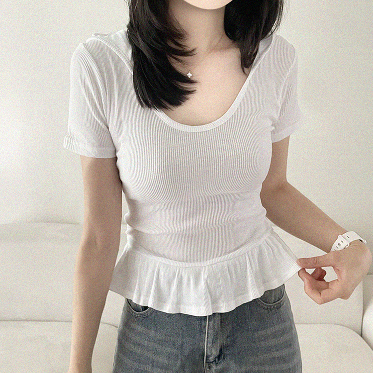 フードフリルスリムリブ半袖Tシャツ IVORY