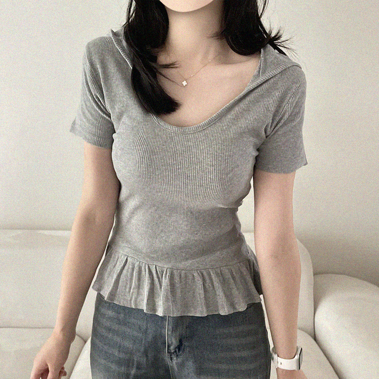 フードフリルスリムリブ半袖Tシャツ GRAY