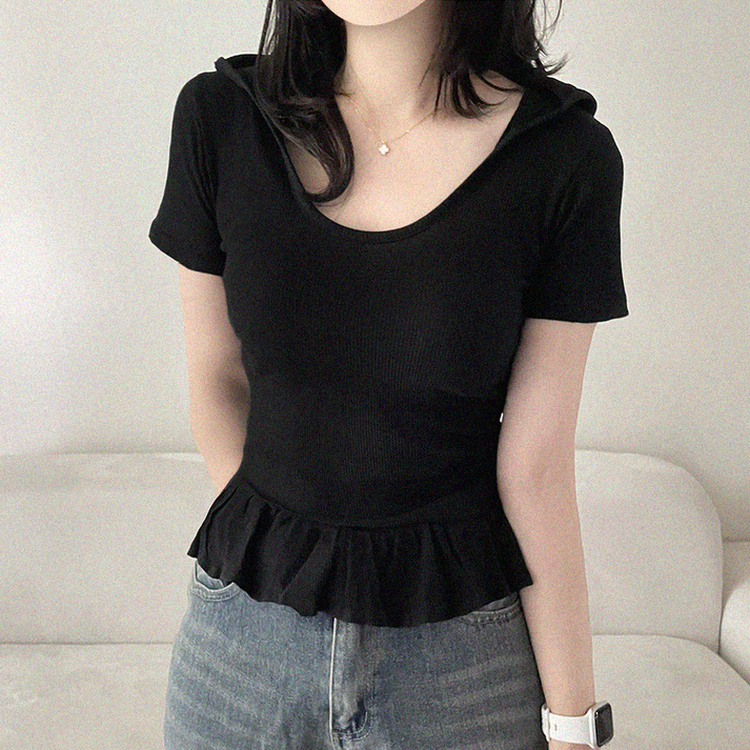 フードフリルスリムリブ半袖Tシャツ BLACK