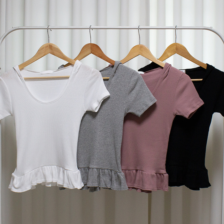 フードフリルスリムリブ半袖Tシャツ