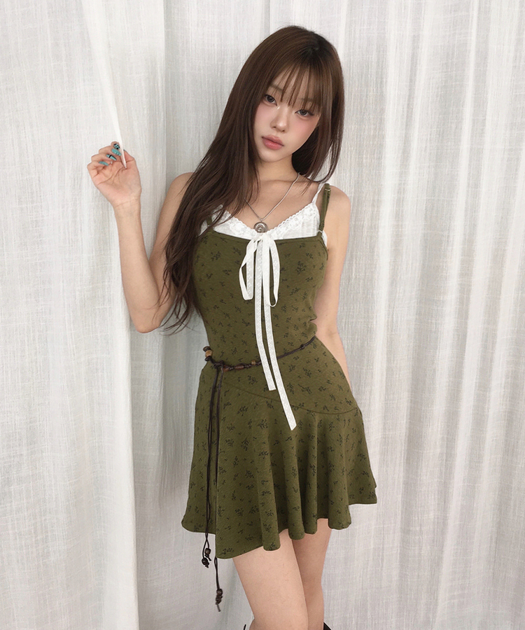 フラワーストラップキャミソールミニワンピース KHAKI