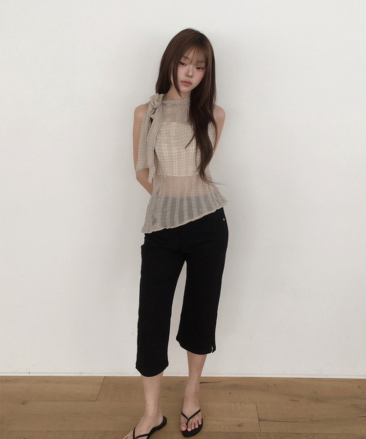 チェックシアーリボンキャミソールブラウス BEIGE