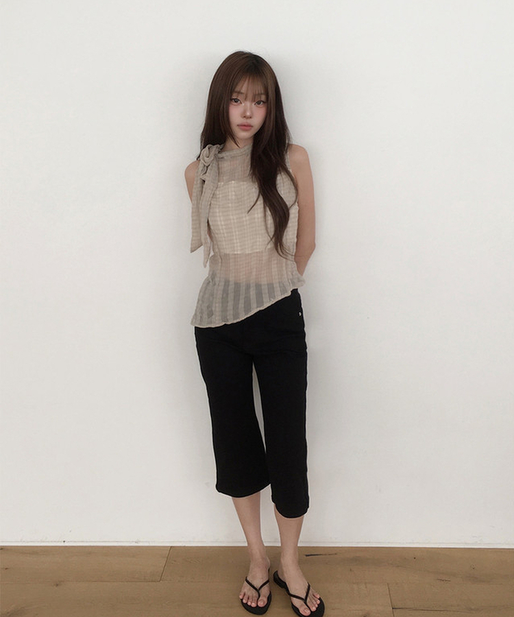 チェックシアーリボンキャミソールブラウス BEIGE