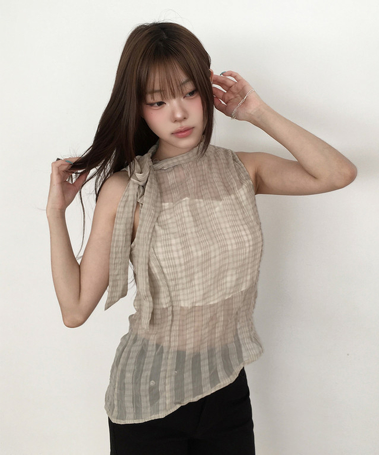チェックシアーリボンキャミソールブラウス BEIGE
