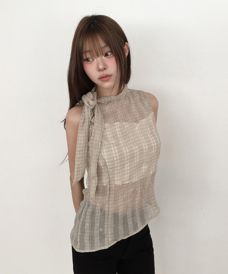 チェックシアーリボンキャミソールブラウス BEIGE