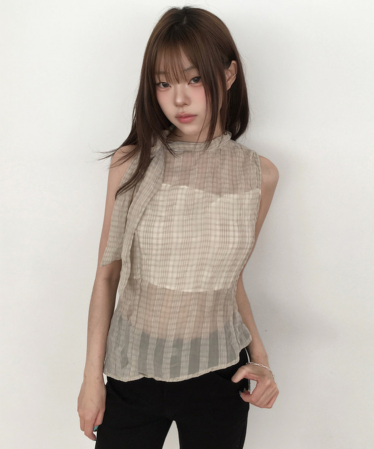 チェックシアーリボンキャミソールブラウス BEIGE