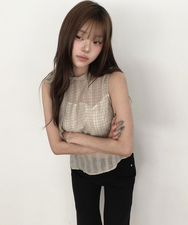 チェックシアーリボンキャミソールブラウス BEIGE