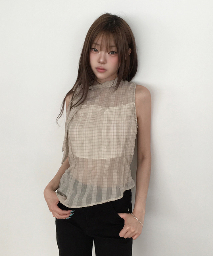 チェックシアーリボンキャミソールブラウス BEIGE