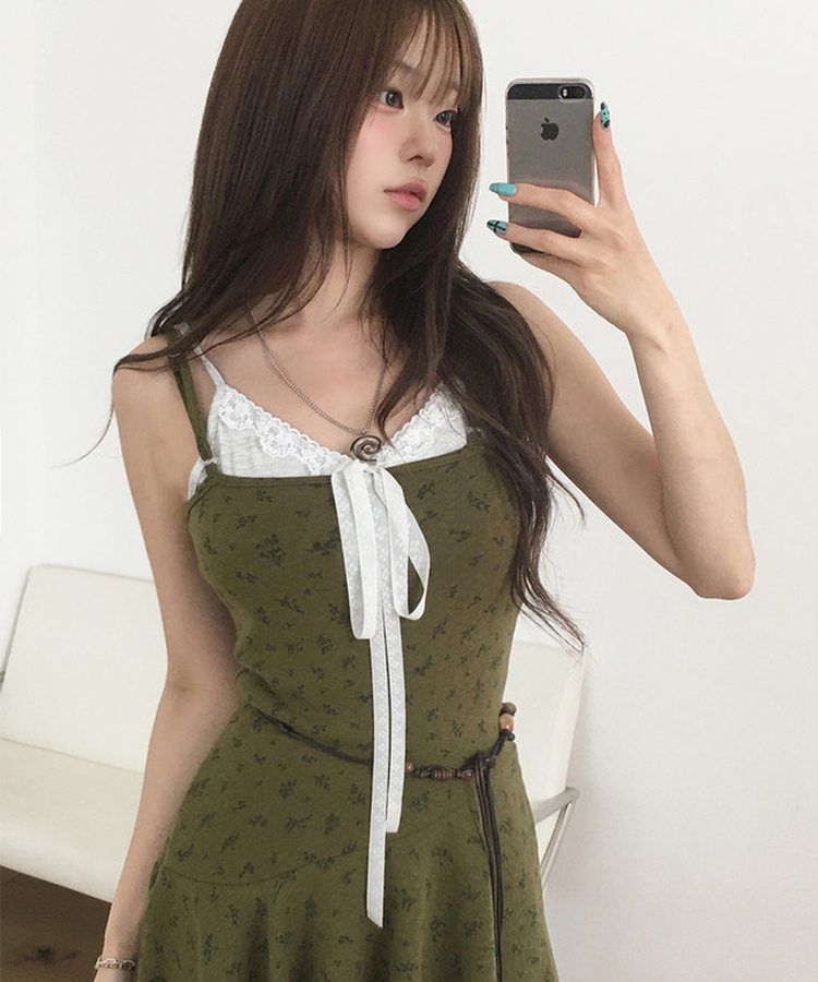 リボンレースVネックリブキャミソール LIGHT GRAY