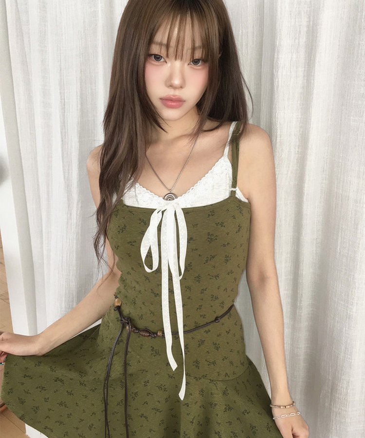 リボンレースVネックリブキャミソール LIGHT GRAY