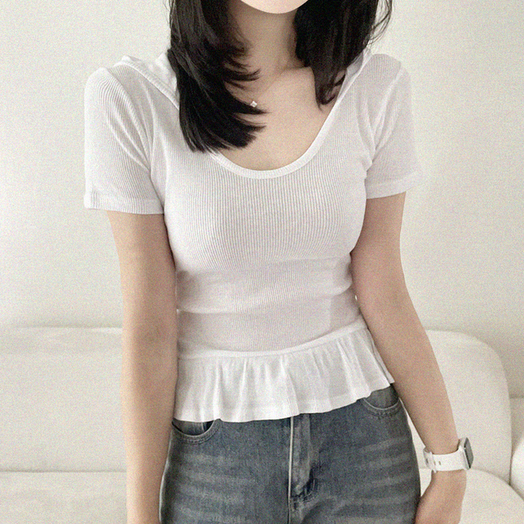 フリルリブフード半袖Tシャツ IVORY