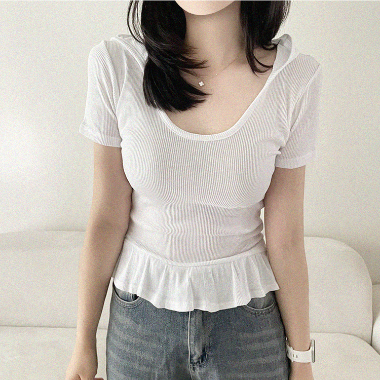 フリルリブフード半袖Tシャツ IVORY