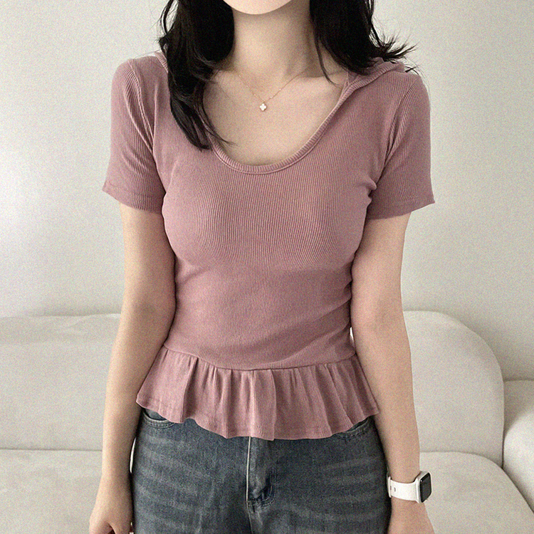 フリルリブフード半袖Tシャツ PINK