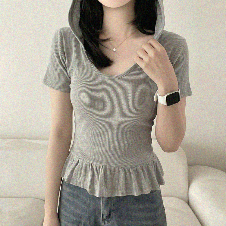 フリルリブフード半袖Tシャツ GRAY