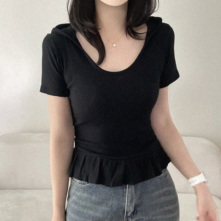 フリルリブフード半袖Tシャツ BLACK