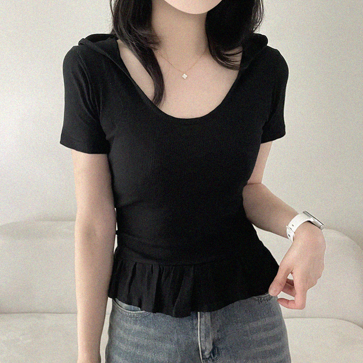 フリルリブフード半袖Tシャツ BLACK