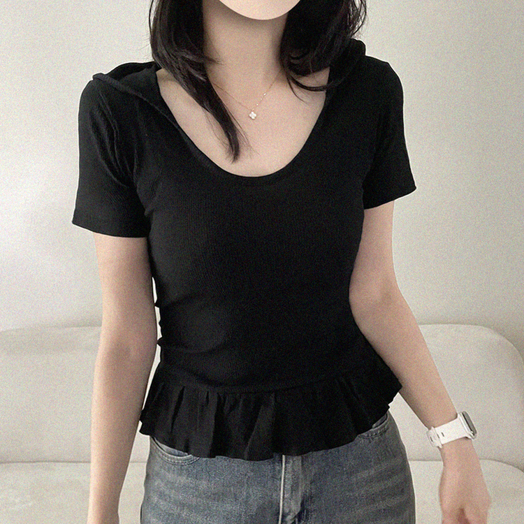 フリルリブフード半袖Tシャツ BLACK