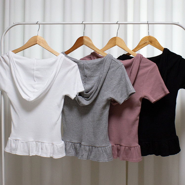 フリルリブフード半袖Tシャツ
