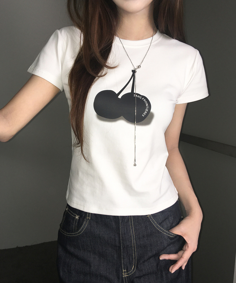 チェリープリントスリム半袖Tシャツ WHITE