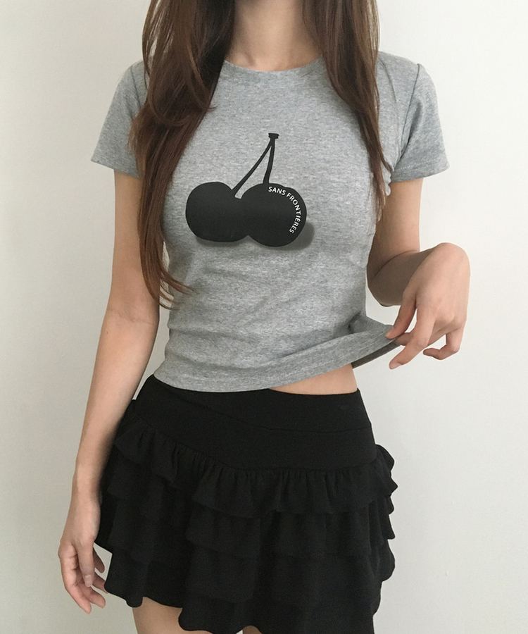 チェリープリントスリム半袖Tシャツ GREY