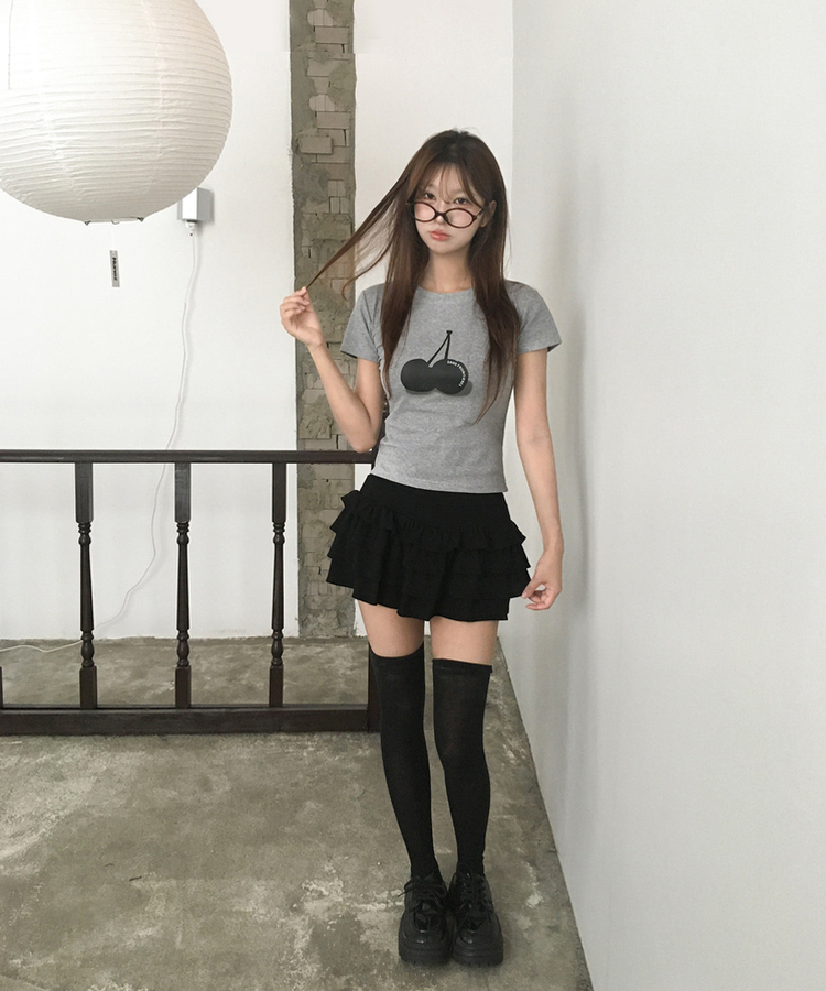 チェリープリントスリム半袖Tシャツ GREY