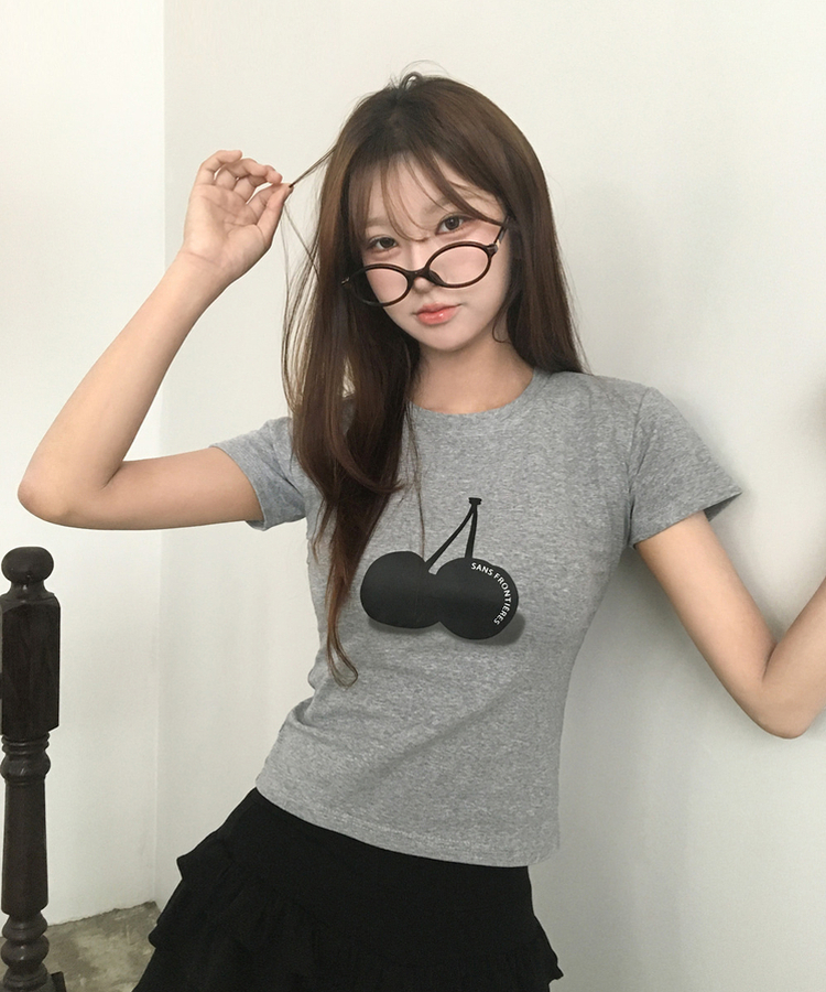 チェリープリントスリム半袖Tシャツ GREY