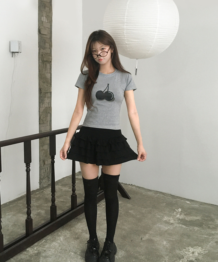 チェリープリントスリム半袖Tシャツ GREY