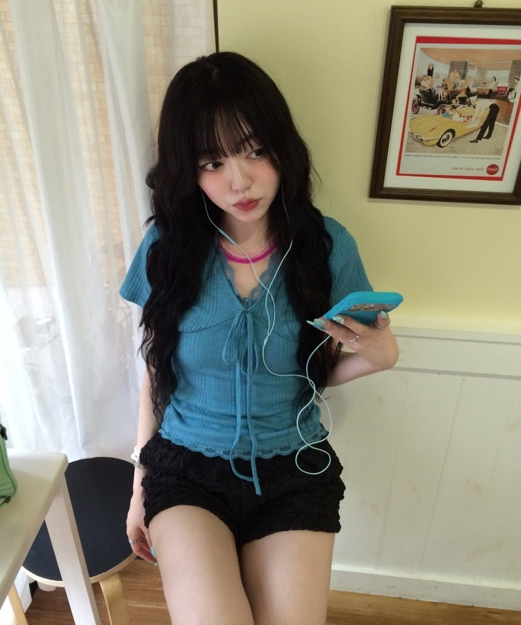 レースVネック半袖Tシャツ TEAL