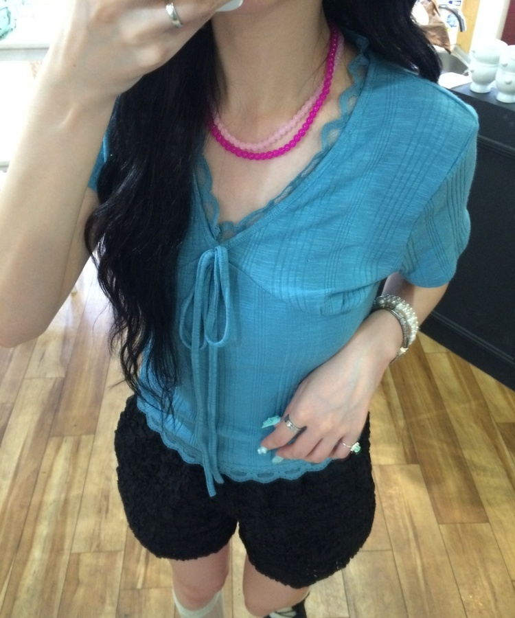 レースVネック半袖Tシャツ TEAL