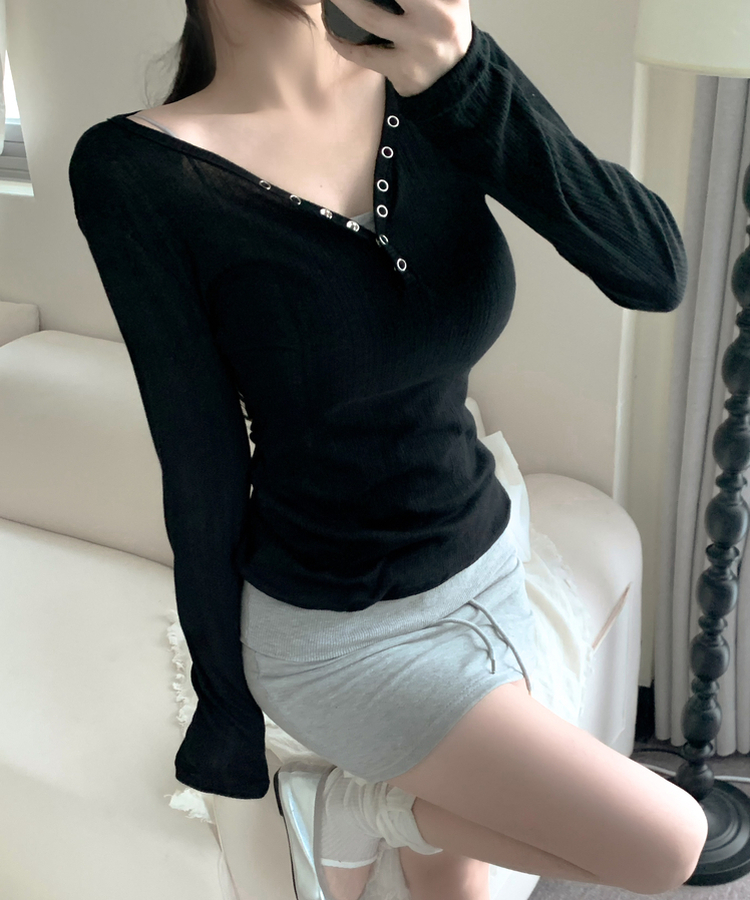 윈디 브이넥 하트넥 스냅 버튼 또또 팔뚝커버 긴팔티셔츠 6colors 블랙