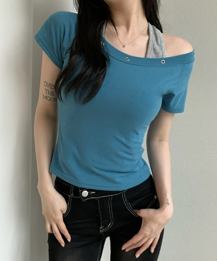 アイレットレイヤードスリム半袖Tシャツ AQUA BLUE