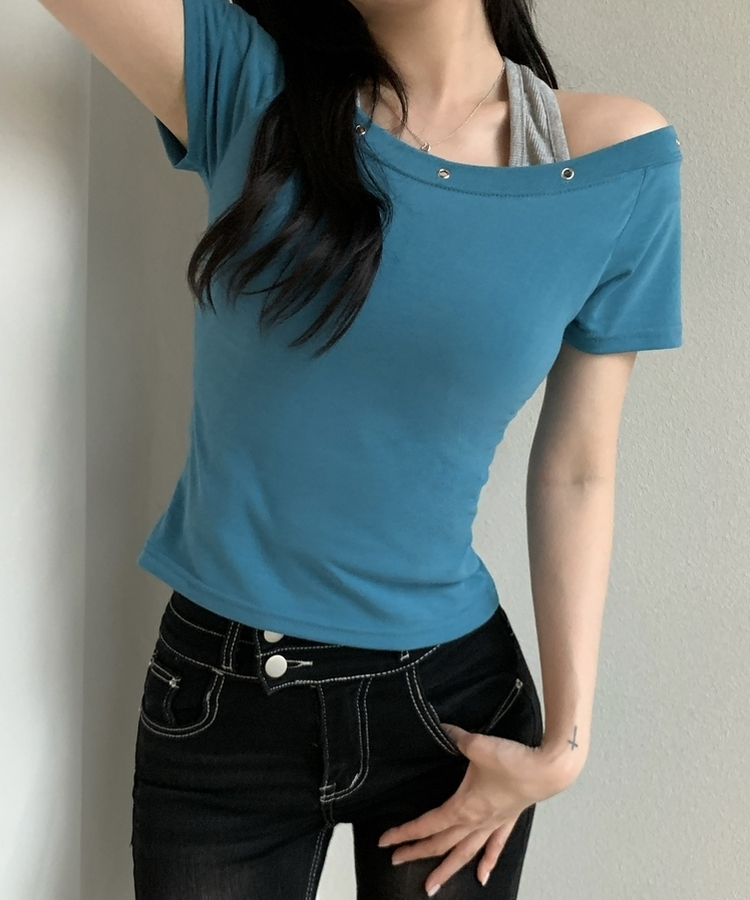 アイレットレイヤードスリム半袖Tシャツ AQUA BLUE