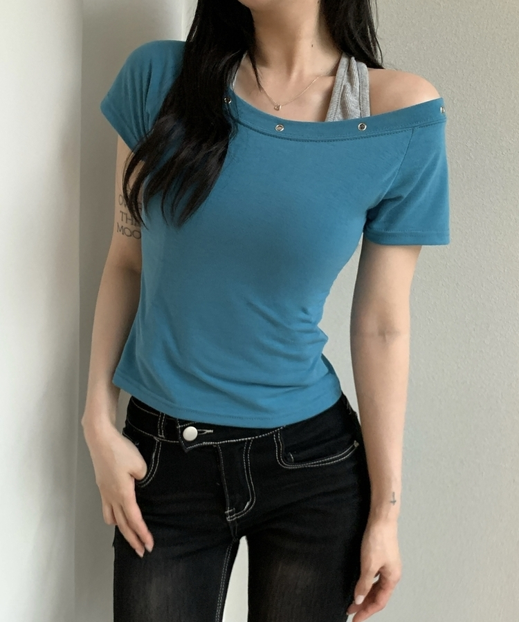 アイレットレイヤードスリム半袖Tシャツ AQUA BLUE