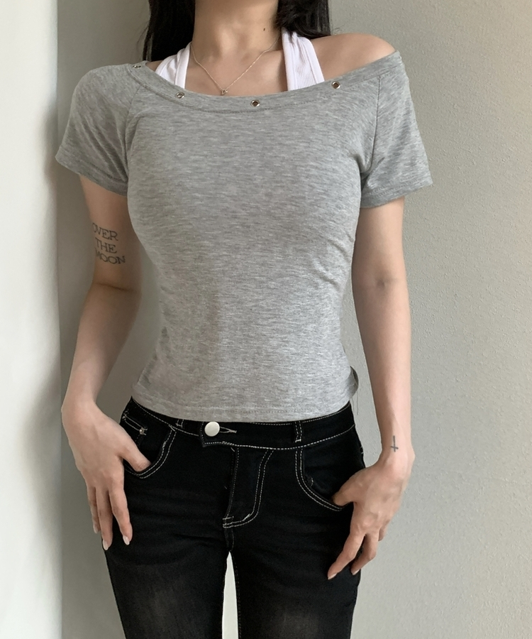 アイレットレイヤードスリム半袖Tシャツ GREY