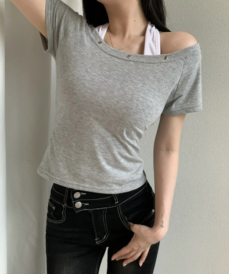 アイレットレイヤードスリム半袖Tシャツ GREY