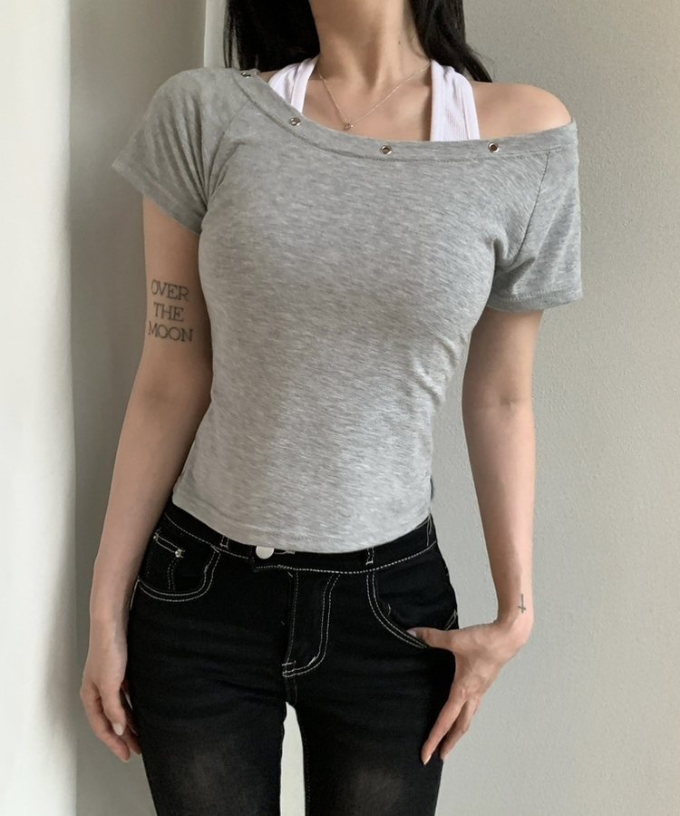 アイレットレイヤードスリム半袖Tシャツ GREY