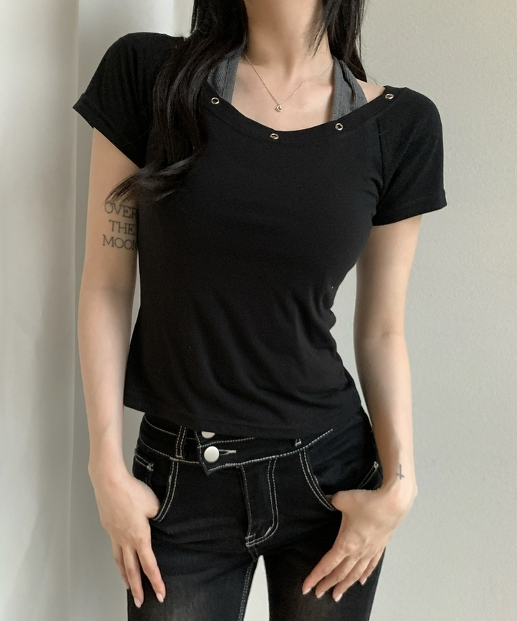 アイレットレイヤードスリム半袖Tシャツ BLACK