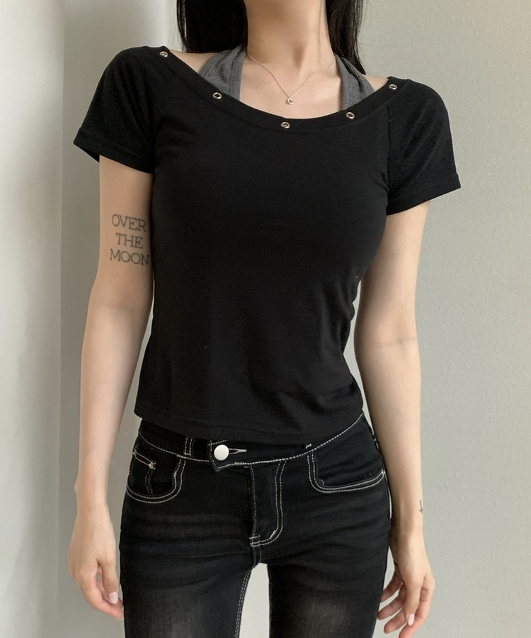 アイレットレイヤードスリム半袖Tシャツ BLACK