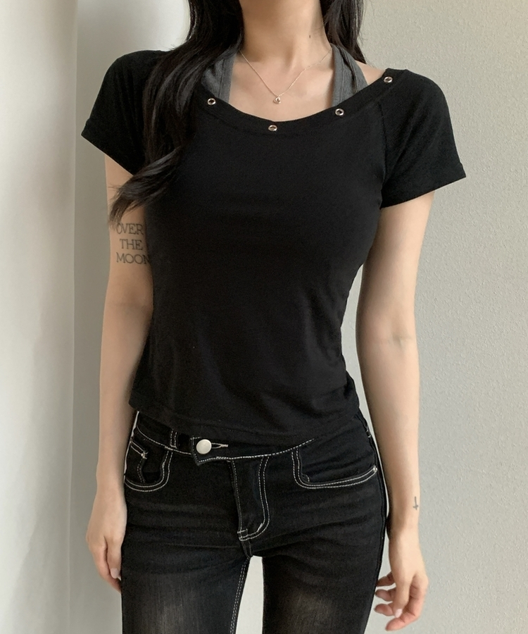 アイレットレイヤードスリム半袖Tシャツ BLACK