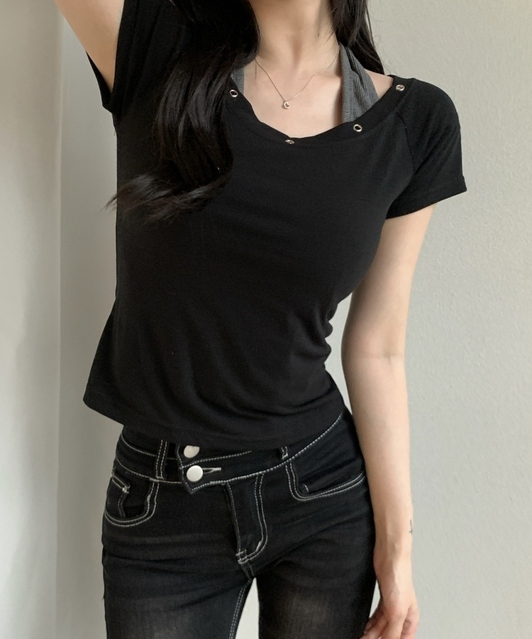 アイレットレイヤードスリム半袖Tシャツ BLACK