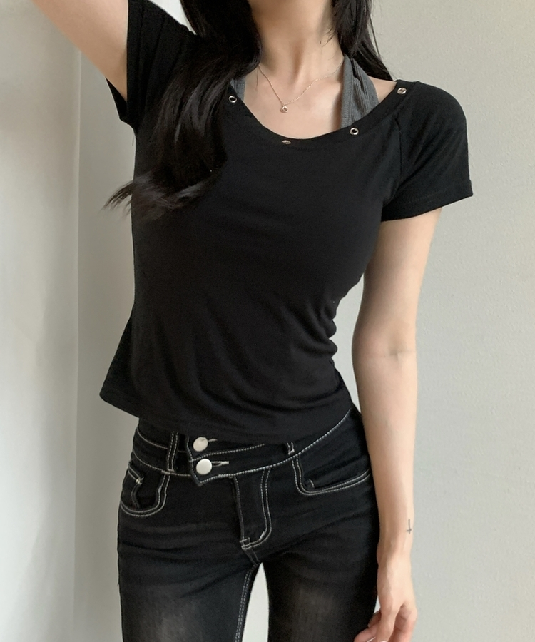 アイレットレイヤードスリム半袖Tシャツ BLACK