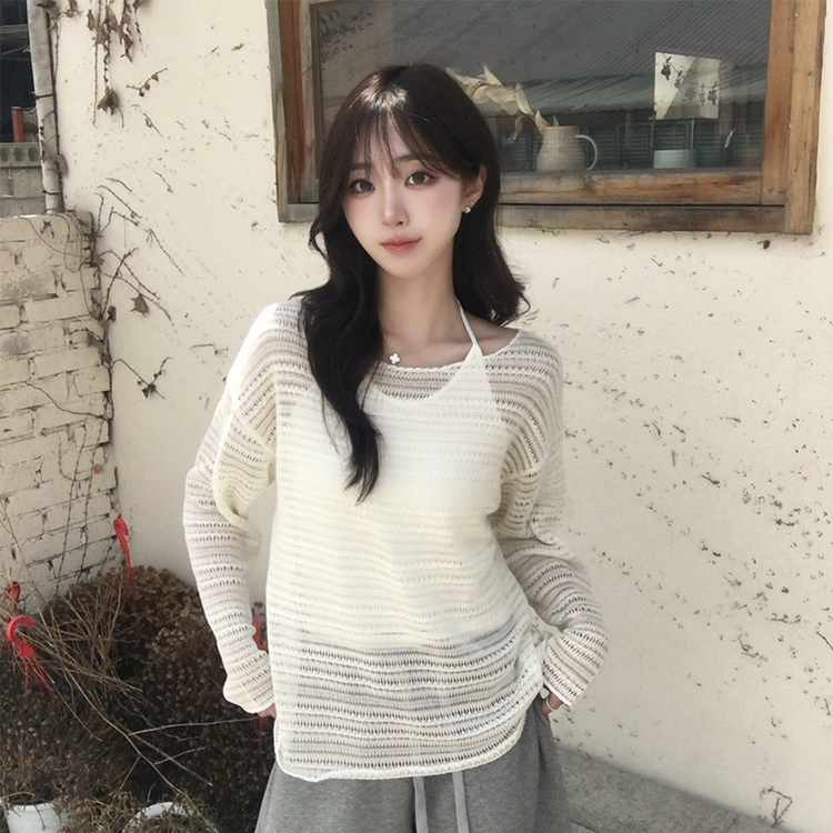 솜사탕 여름 펀칭 보트넥 긴팔 니트 그물 오프숄더 루즈핏 긴팔티 시스루 오버핏 살탐방지 상의 햇빛차단 쿨 티셔츠 5color 아이보리