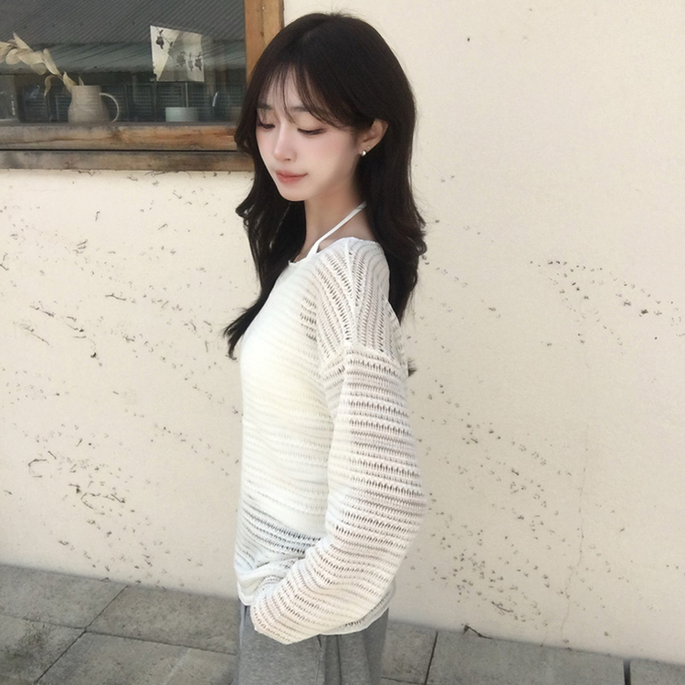 솜사탕 여름 펀칭 보트넥 긴팔 니트 그물 오프숄더 루즈핏 긴팔티 시스루 오버핏 살탐방지 상의 햇빛차단 쿨 티셔츠 5color 아이보리