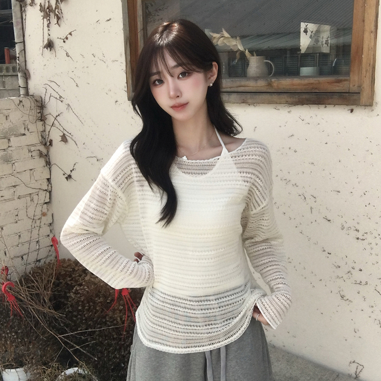 솜사탕 여름 펀칭 보트넥 긴팔 니트 그물 오프숄더 루즈핏 긴팔티 시스루 오버핏 살탐방지 상의 햇빛차단 쿨 티셔츠 5color 아이보리