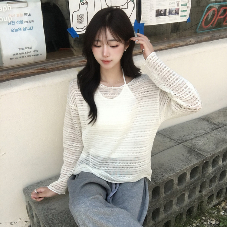 솜사탕 여름 펀칭 보트넥 긴팔 니트 그물 오프숄더 루즈핏 긴팔티 시스루 오버핏 살탐방지 상의 햇빛차단 쿨 티셔츠 5color 아이보리