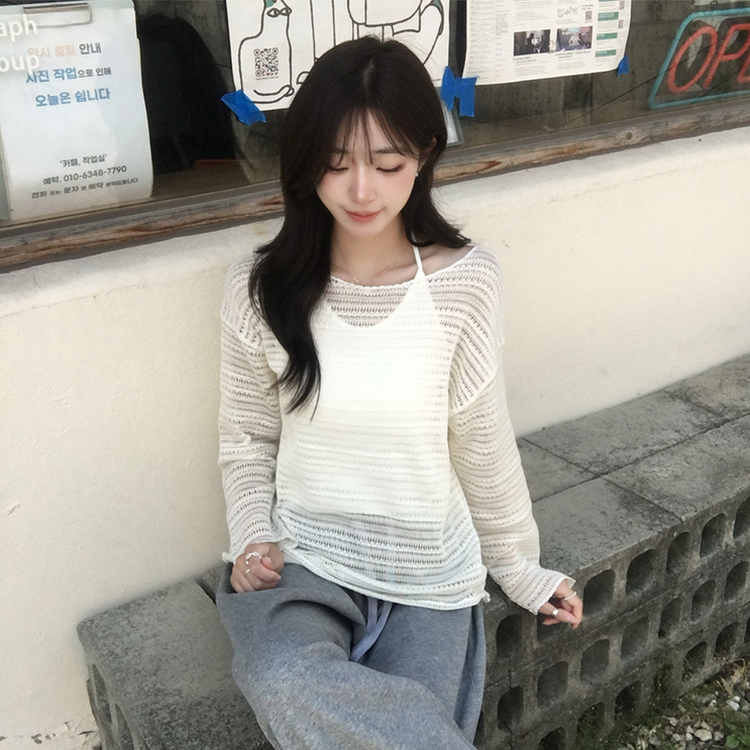 솜사탕 여름 펀칭 보트넥 긴팔 니트 그물 오프숄더 루즈핏 긴팔티 시스루 오버핏 살탐방지 상의 햇빛차단 쿨 티셔츠 5color 아이보리