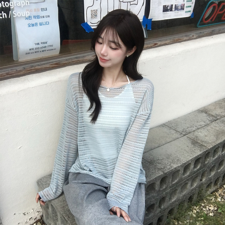 솜사탕 여름 펀칭 보트넥 긴팔 니트 그물 오프숄더 루즈핏 긴팔티 시스루 오버핏 살탐방지 상의 햇빛차단 쿨 티셔츠 5color 민트