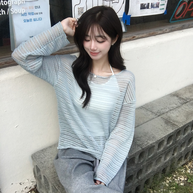 솜사탕 여름 펀칭 보트넥 긴팔 니트 그물 오프숄더 루즈핏 긴팔티 시스루 오버핏 살탐방지 상의 햇빛차단 쿨 티셔츠 5color 민트