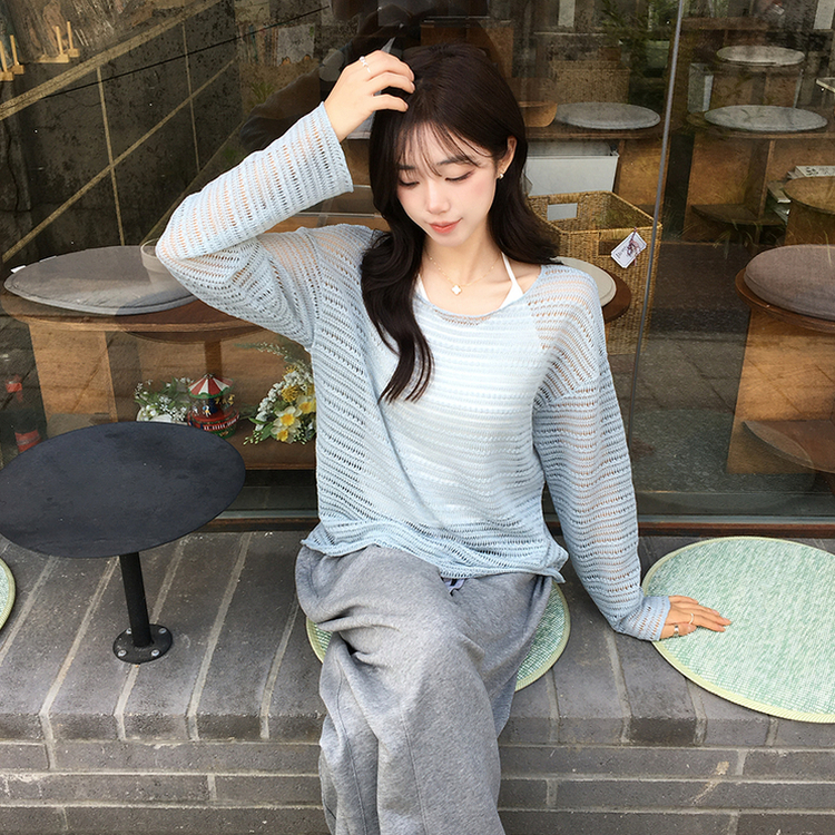 솜사탕 여름 펀칭 보트넥 긴팔 니트 그물 오프숄더 루즈핏 긴팔티 시스루 오버핏 살탐방지 상의 햇빛차단 쿨 티셔츠 5color 민트