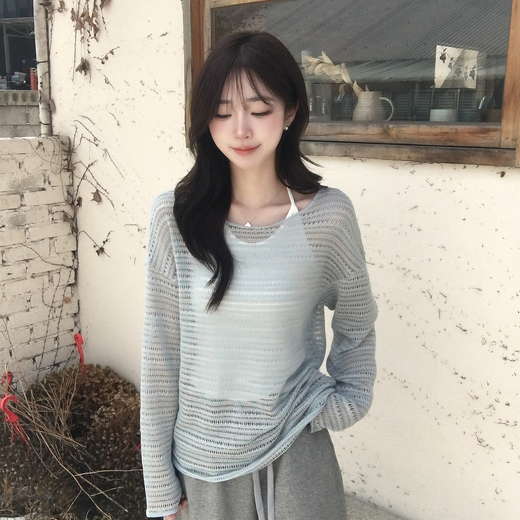 솜사탕 여름 펀칭 보트넥 긴팔 니트 그물 오프숄더 루즈핏 긴팔티 시스루 오버핏 살탐방지 상의 햇빛차단 쿨 티셔츠 5color 민트